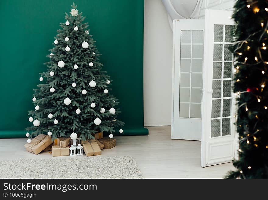 Christmas tree pine with gifts new year interior decor background