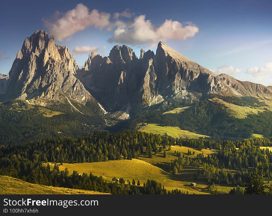 Alpe di Siusi or Seiser Alm and Sassolungo mountain, Dolomites Alps, Italy