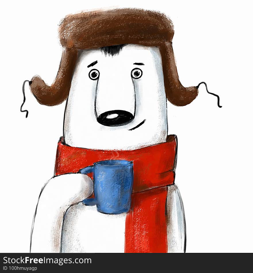 Funny Polar bear in the hat with earflaps with a cup of hot drink has a coffee break, cartoon character in the ushanka, winter cute hand drawn illustration