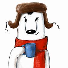 Funny Polar Bear In The Hat With Earflaps With A Cup Of Hot Drink Has A Coffee Break Stock Image