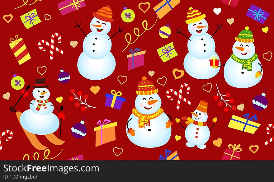 Winter pattern with snowmen, gifts and confetti. Family Snowman on dark red background