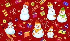 Winter Pattern With Snowmen, Gifts And Confetti. Family Snowman On Dark Red Background Royalty Free Stock Photo