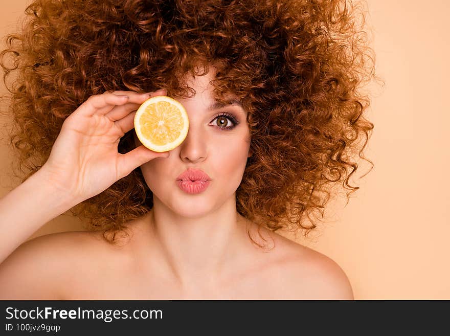 Close up photo beautiful funky she her wear no clothes lady hold hide eye behind slice lime lemon carefree send air