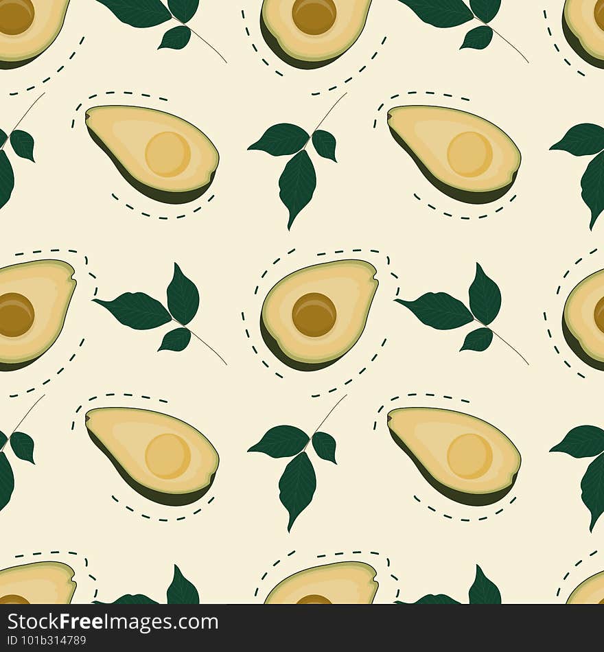 Seamless pattern with avocado and leaves. Interesting location with a dotted line. Vector illustration..