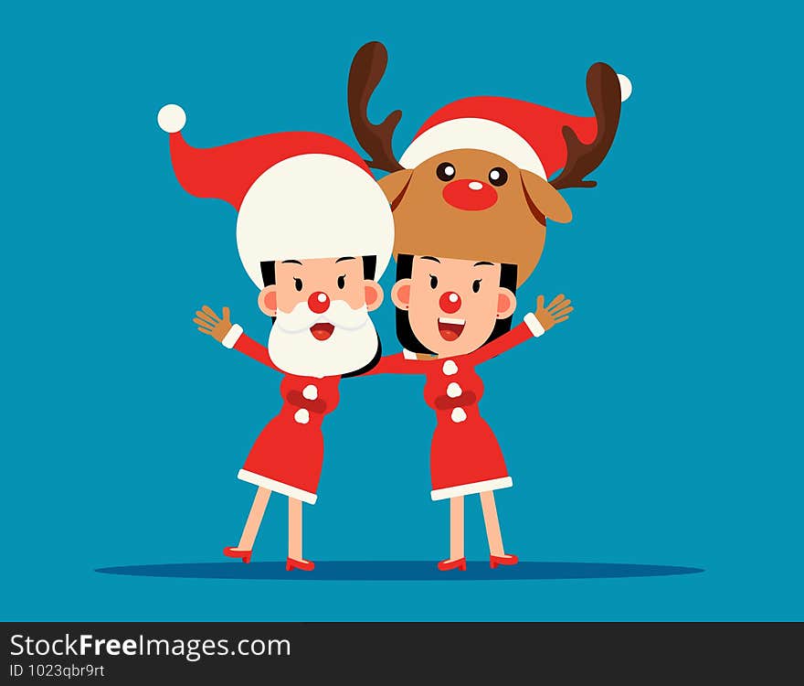 Christmas costume. Santa claus and reindeer arm over shoulder