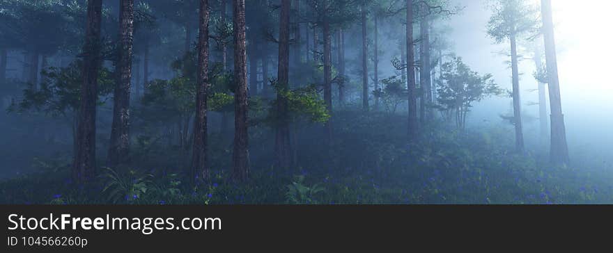 Morning in the forest, forest in the rays of the morning sun, trees in the rays, park in the fog, trees in the haze, 3D rendering