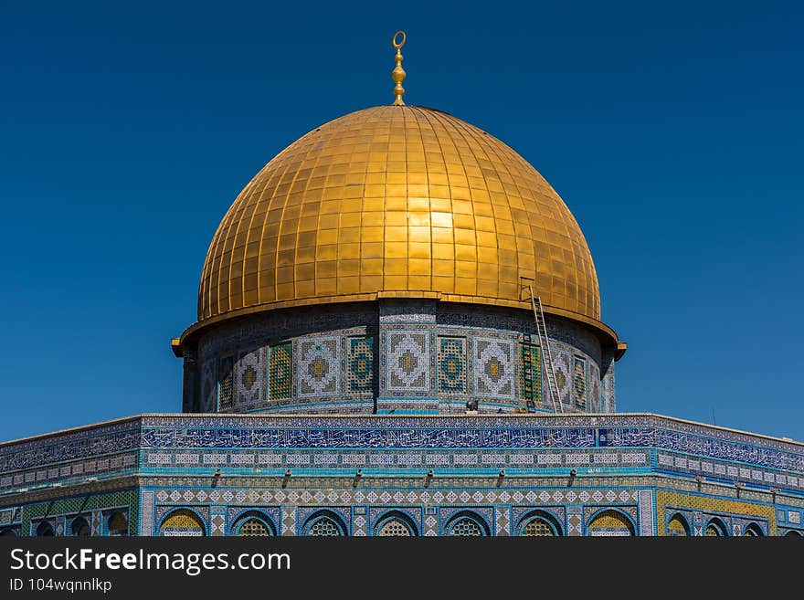 Close-up of Golden Dome of the Rock on Temple Mount of Old City of Jerusalem,  Israel. One of the oldest extant works of Islamic