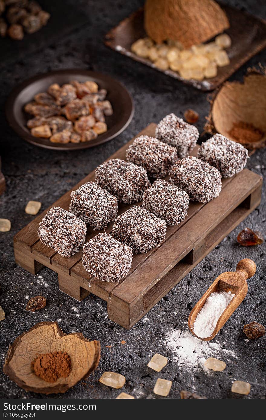 Australian Lamington cakes coated in a chocolate and shredded coconut