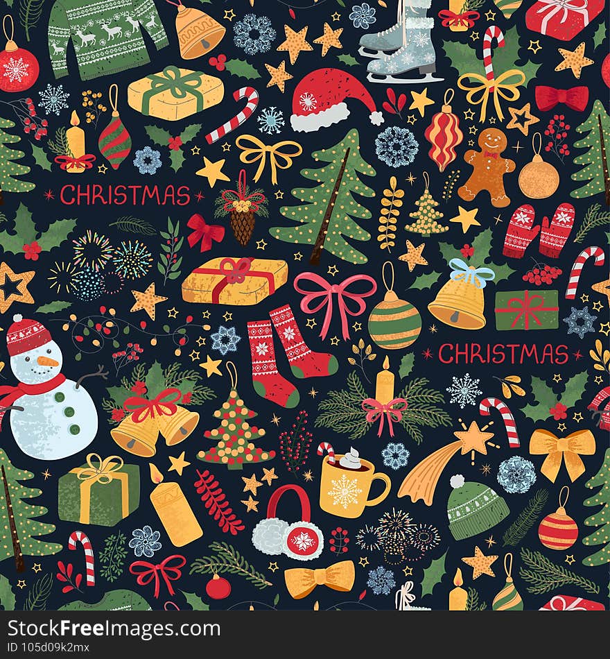 Vector seamless pattern with colorful illustrations of Christmas items. Use it for textile print, pattern fills, web page, wrapping paper, design of presentation and other graphic design. Vector seamless pattern with colorful illustrations of Christmas items. Use it for textile print, pattern fills, web page, wrapping paper, design of presentation and other graphic design