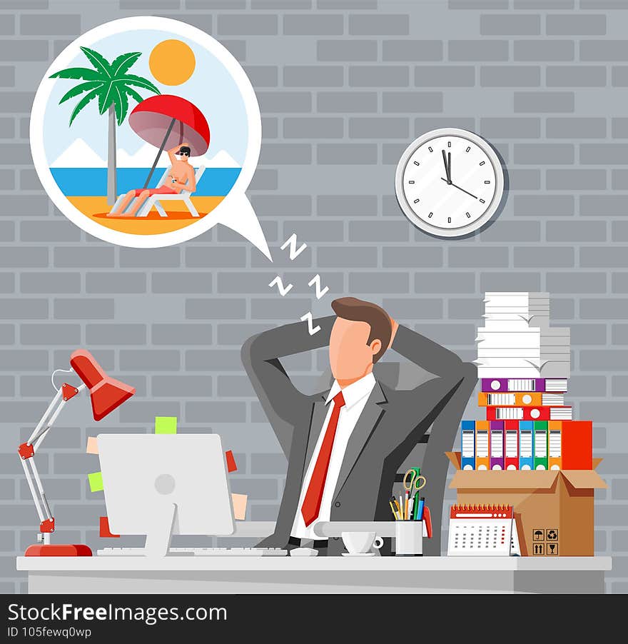 Business man character dreaming about vacation. Tired businessman or office worker sleeping on workplace. Stress at work. Bureaucracy, paperwork, deadline. Vector illustration in flat style