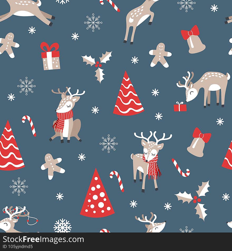 Christmas seamless pattern with cute cartoon reindeers. Festive wrapping paper design. Vector illustration. Christmas seamless pattern with cute cartoon reindeers. Festive wrapping paper design. Vector illustration.