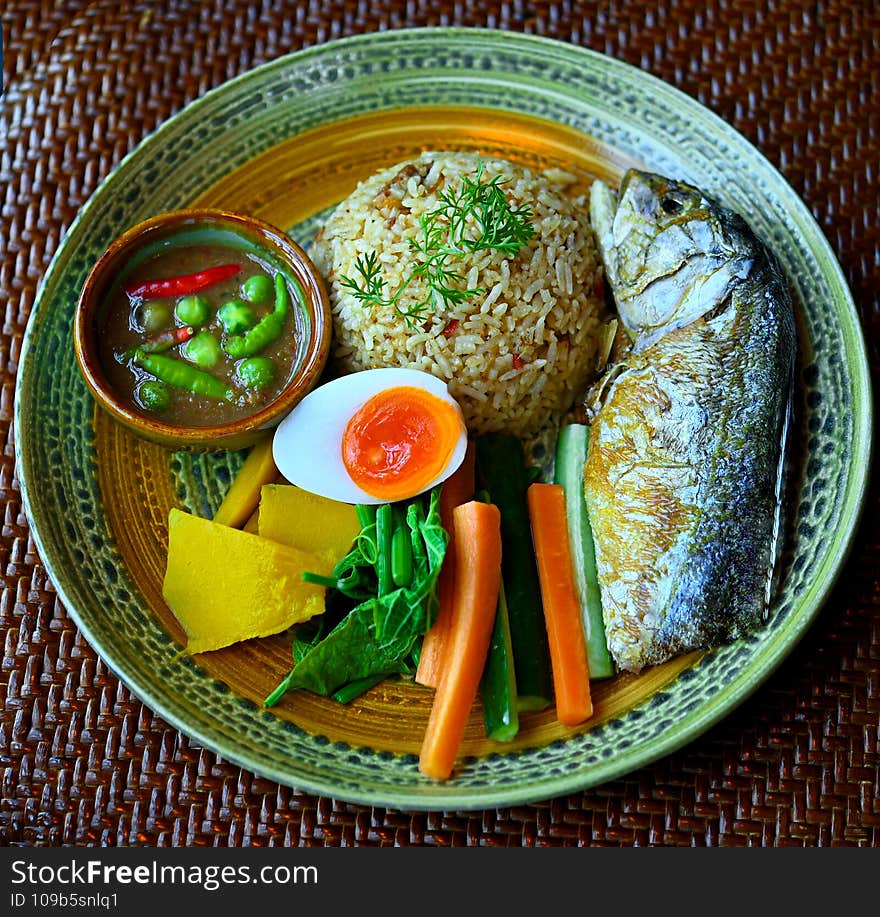 Thai traditional food, mackerel, chili paste, vegetables, eggs, healthy food for life