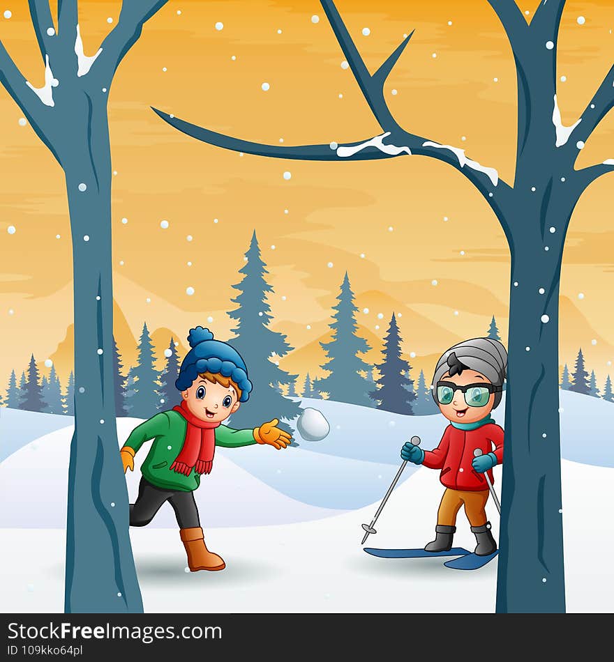 Children having fun at winter forest landscape illustration