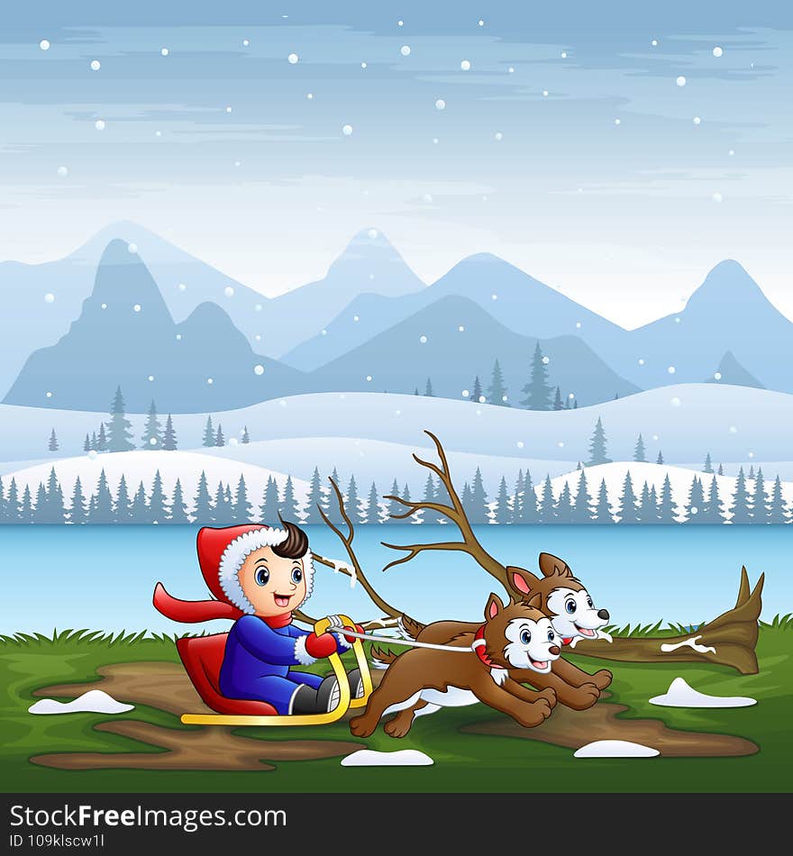 Happy boy riding on a sleigh pulled by two dogs at winter illustration