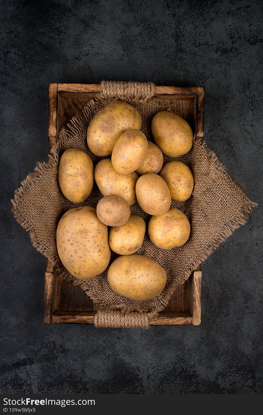 Fresh potatoes in a basket on a dark grey textured background, empty copy space for text, farming, hearvest