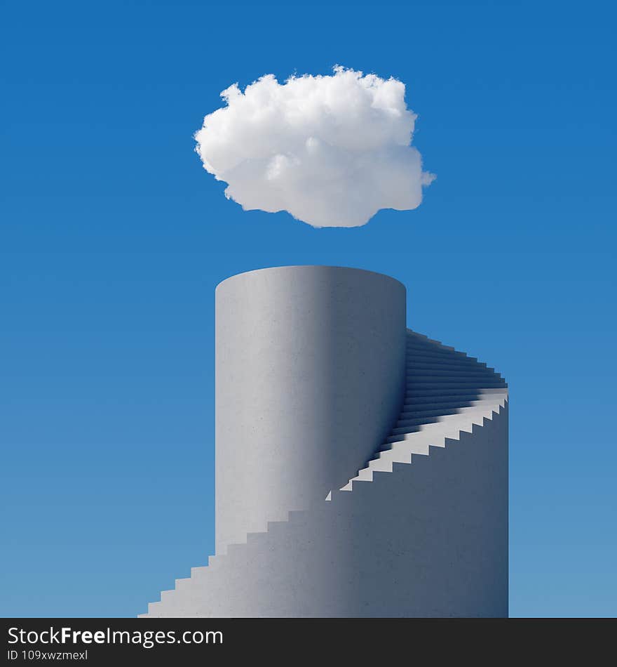 3d render, abstract cloudscape on a sunny day, white cloud levitates above the spiral concrete stairs, blue sky. Modern minimal