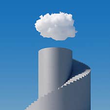 3d Render, Abstract Cloudscape On A Sunny Day, White Cloud Levitates Above The Spiral Concrete Stairs, Blue Sky. Modern Minimal Royalty Free Stock Photos