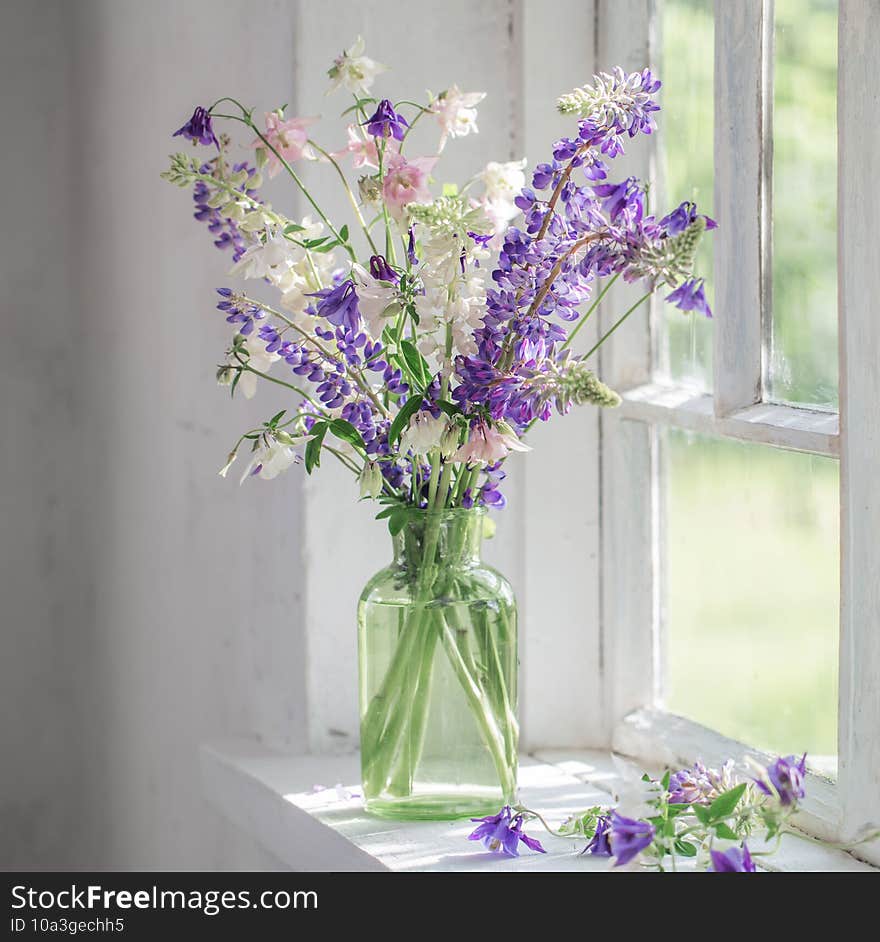 Summer flowers in vase on windowsill in sunlight