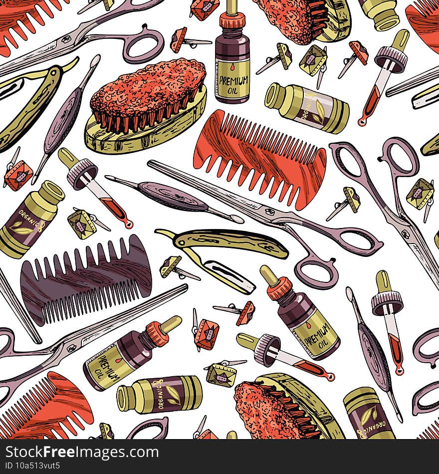 Set of elements for barbershop, seamless pattern