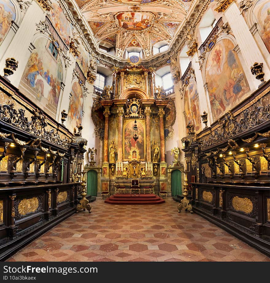 The Benedictine monastery with  the church of St Adalbert from 14th century. Beautiful baroque Catholic church interior in Broumov, Czechia