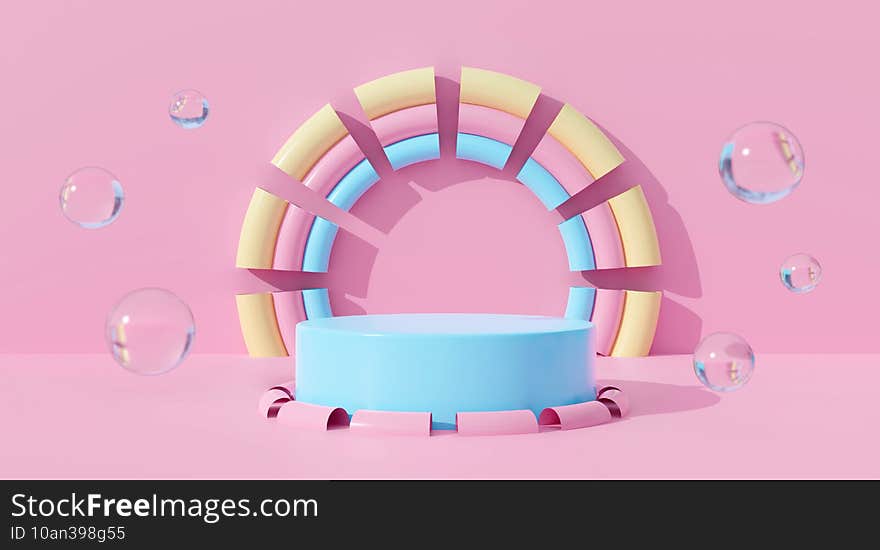 3d pink podium on pastel background abstract geometric in studio scene. Cute rainbow with bubbles water. 3d render for pedestal