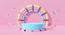 3d Pink Podium On Pastel Background Abstract Geometric In Studio Scene. Cute Rainbow With Bubbles Water. 3d Render For Pedestal Royalty Free Stock Photo