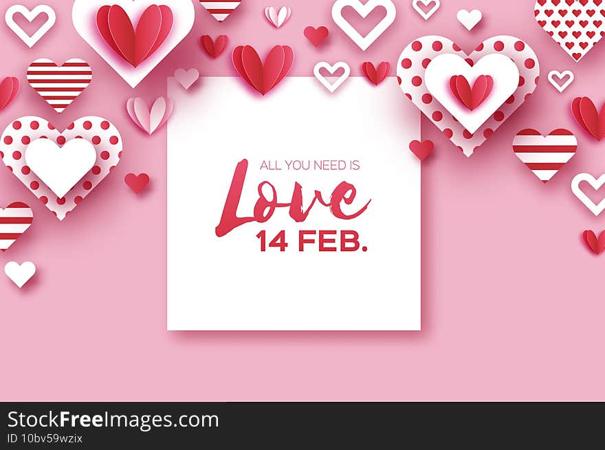 Happy Valentine`s Day with paper cut heart. Flying Love Hearts. Romantic holiday. Square frame for text. February 14