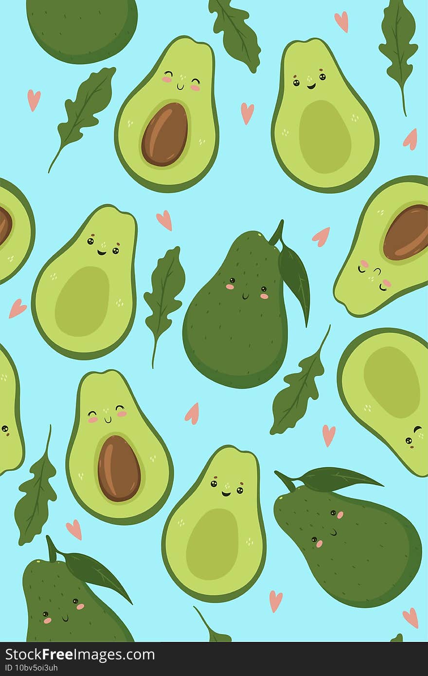 Cute seamless pattern with avocado and arugula leaves. Vector image. Cute seamless pattern with avocado and arugula leaves. Vector image