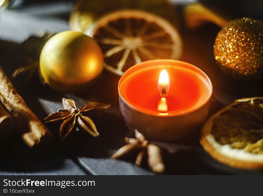 Christmas Composition With Dried Fruits, Spices And Burning Candle