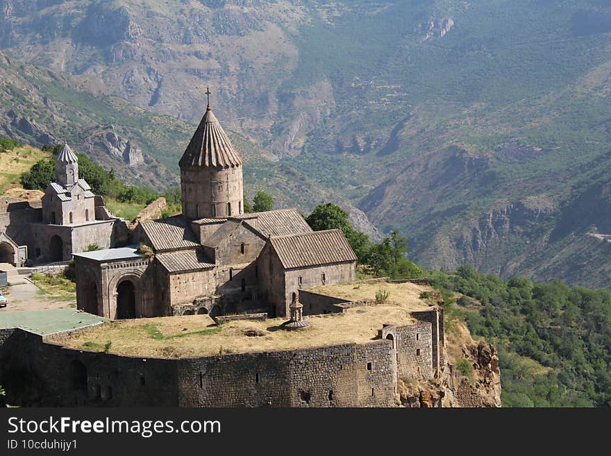 Aerial shot of the beautiful Tatev Monastery in Syunik Province, Armenia. Church in the nature