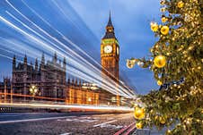 Big Ben With Christmas Tree On Bridge In The Evening, London, England, United Kingdom Stock Photos