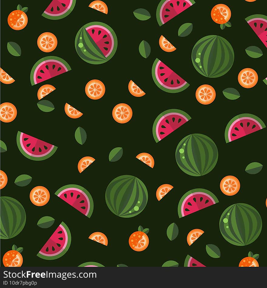 vector image of watermelons and tangerines on a green background