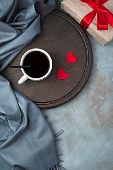 Coffee With Hearts On A Gray Background. Top View, With Space To Copy. Stock Photo