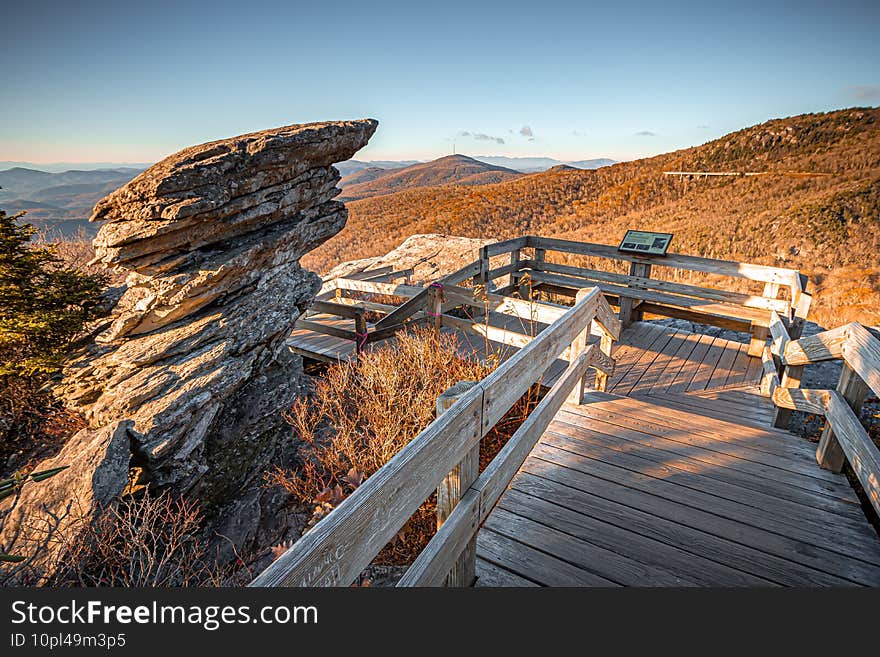 A view from Rough Ridge Lookout , Blue Ridge Parkway in fall season.