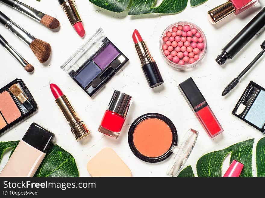 Makeup professional cosmetics on white background.