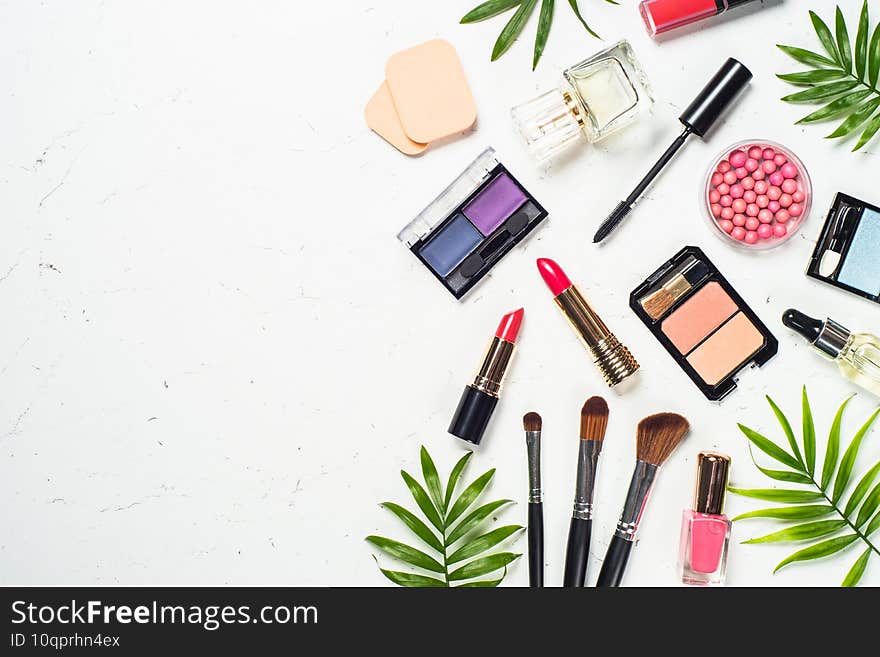 Makeup professional cosmetics on white background.