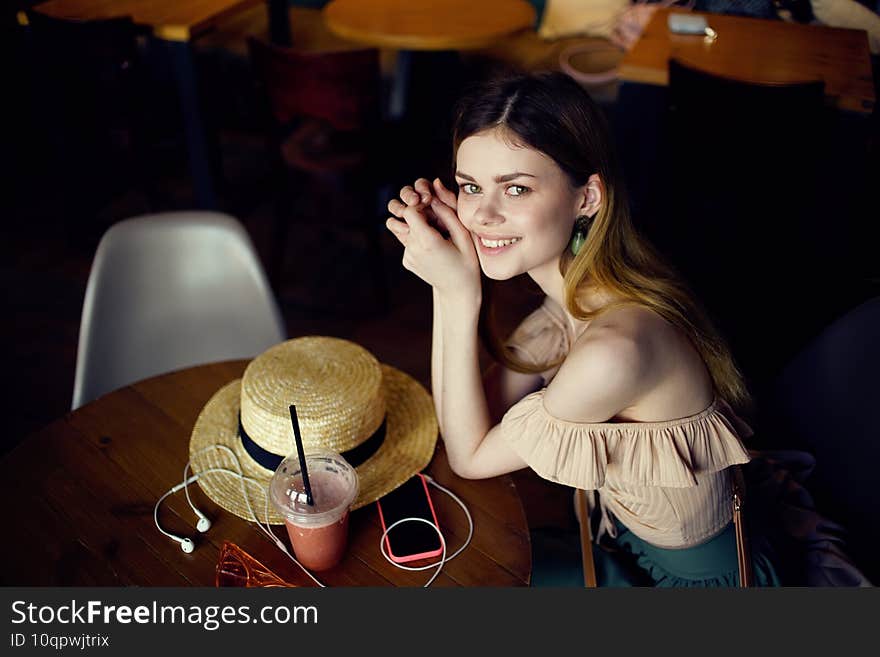 pretty woman in restaurant rest glass with drink lifestyle