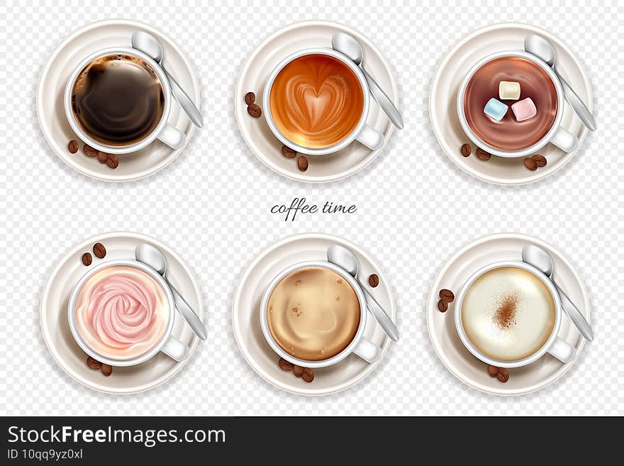 A set of six different coffees in white cups various types of drinks