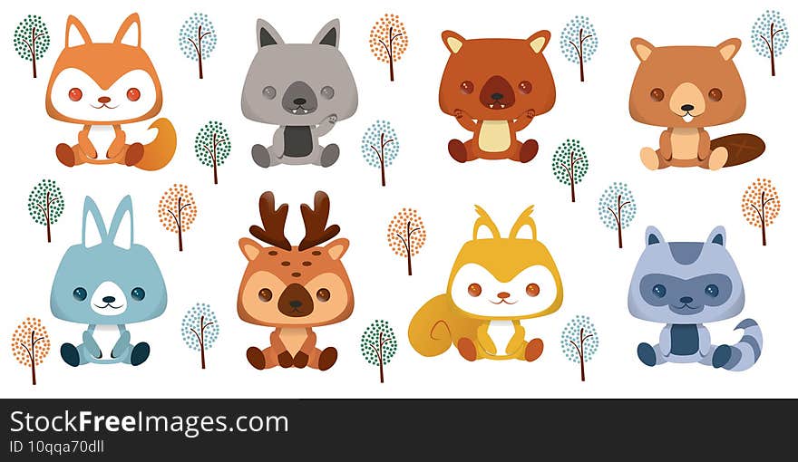 Collection of cartoon animals isolated on white background. Set of tropical and forest characters emoticons and avatars stickers. Heads with funny expressions in cartoon style. Vector illustration