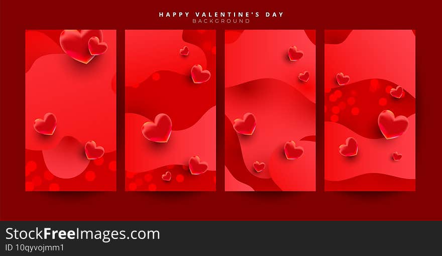 Valentine day love story shopping voucher gift cards template set with realistic sweet love shape decor. Discount card coupon