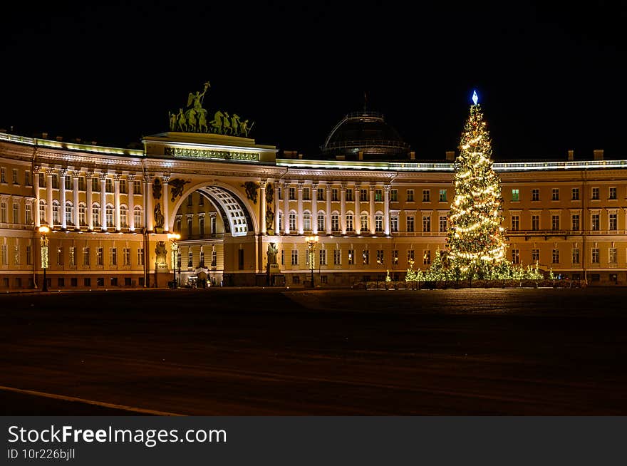 beautiful night photo Palace Square St. Petersburg. New Year Christmas tree