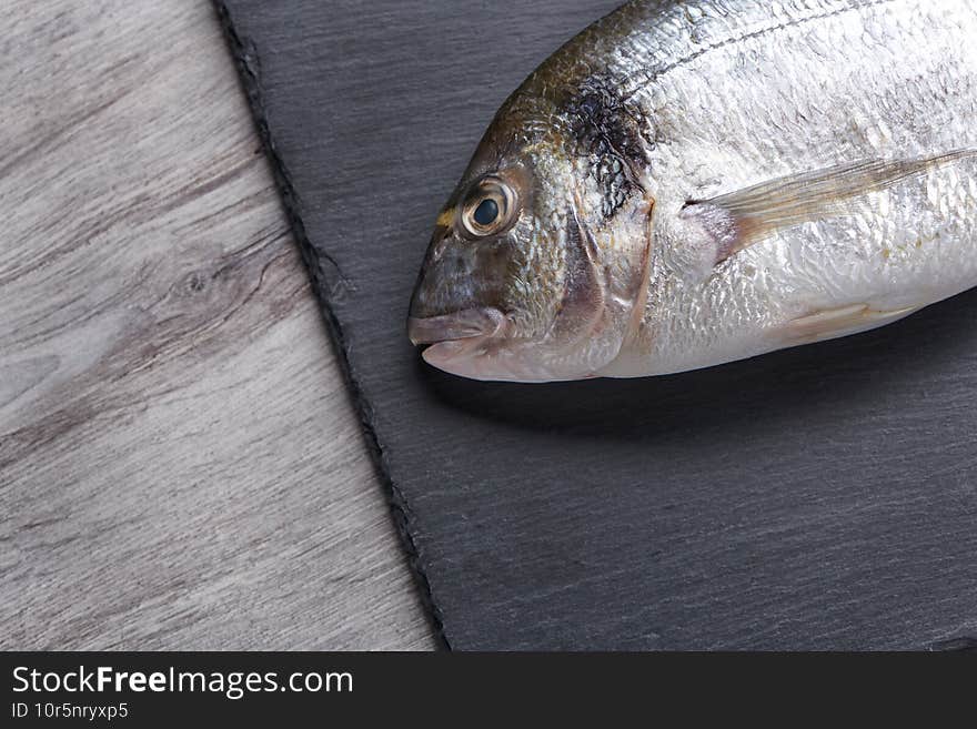 Fresh uncooked dorado fish on gray stone and kitchen table. Top view