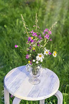 Bouquet Of Wild Flowers In A Glass Vase On A Rough Wooden White Bench, Summer Concept, Farm Rustic Concept Royalty Free Stock Image