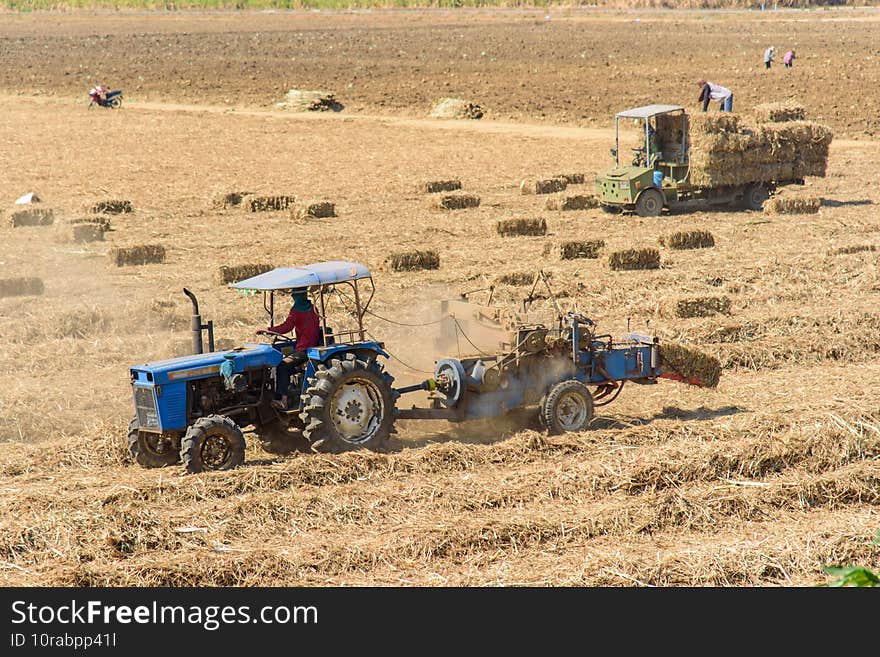 Sugarcane leaf compress by tractor