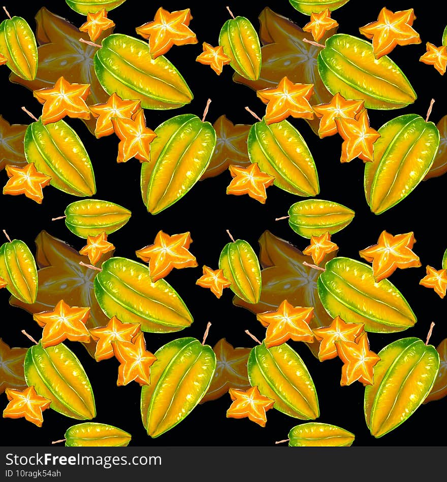 Seamless pattern with exotic tropical carambola fruits. Sweets and yummies