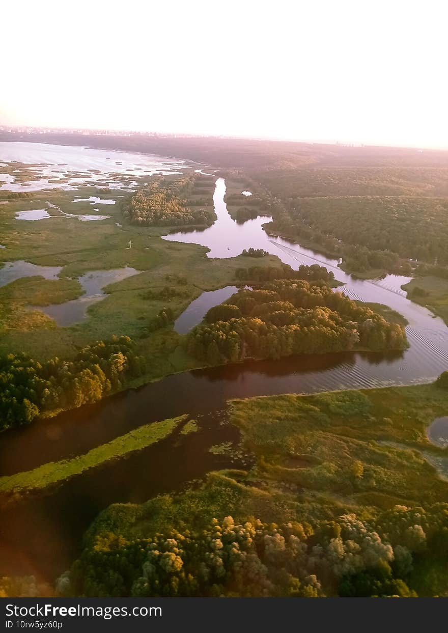 View of the green forest and the river at sunset from the plane