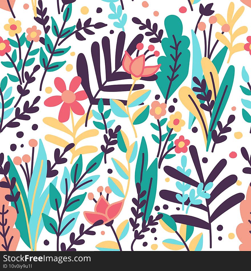 tropical seamless leaves and flowers pattern vector illustration. Seamless motif for wrapping, wallpaper, fabric