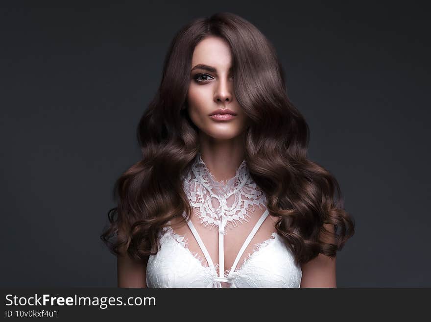 Beautiful brown-haired girl with a perfectly curls hair, and classic make-up. Beauty face and hair. Picture taken in the studio.