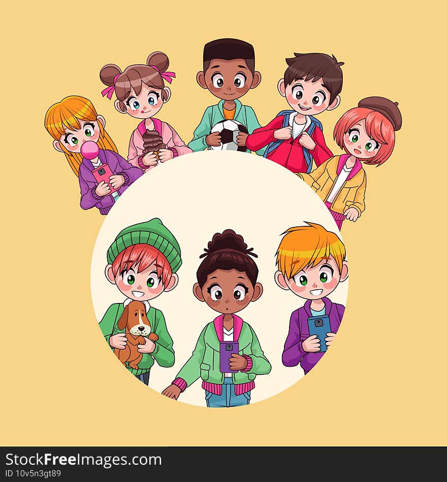 young interracial teenagers kids around anime characters vector illustration design