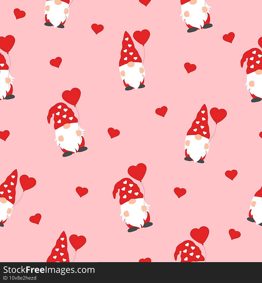 cute valentines gnomes in red hats and hearts in a valentines day seamless pattern on pink background